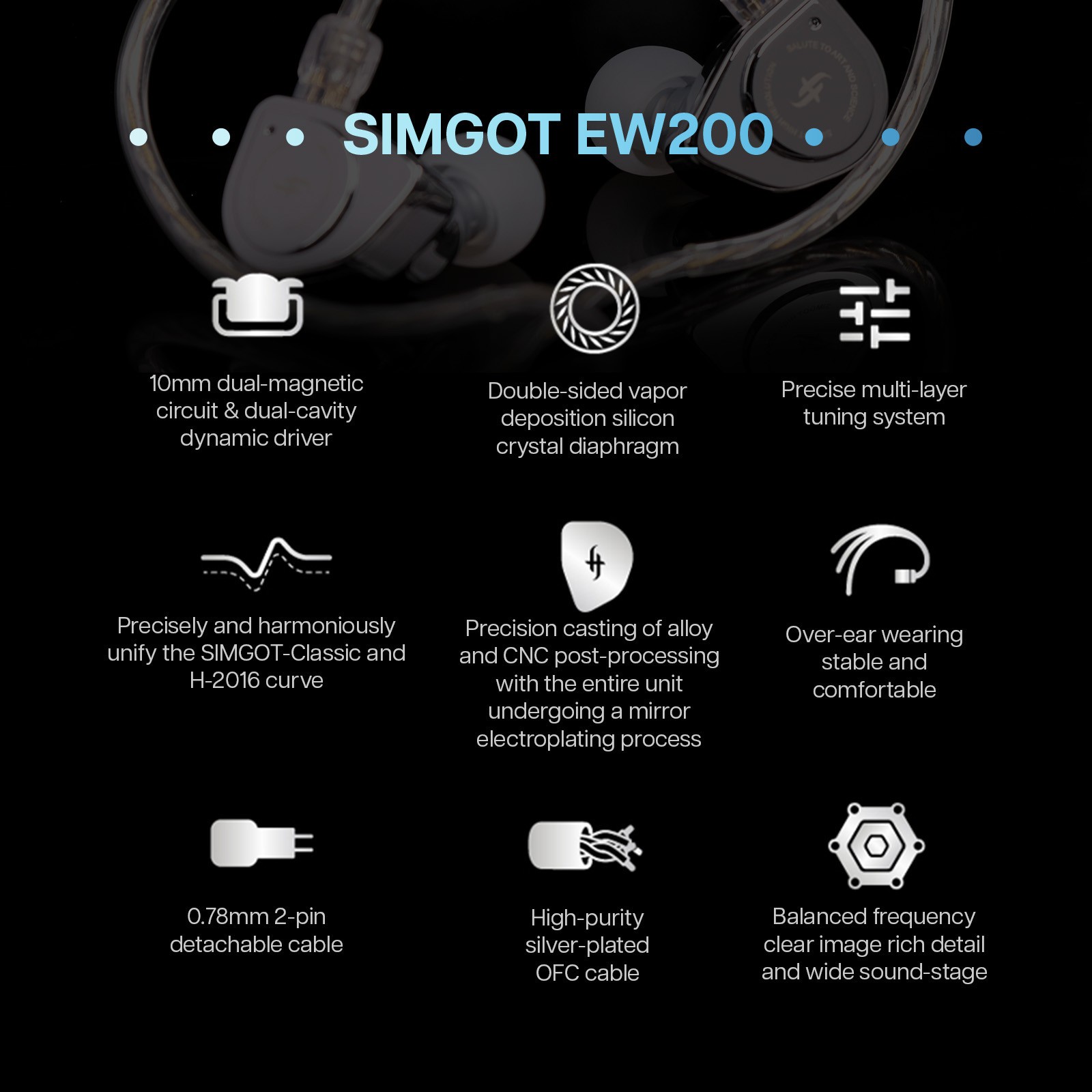 SIMGOT EW200 10mm SCP Diaphragm Dual Magnetic Dynamic IEM HiFi Earphones