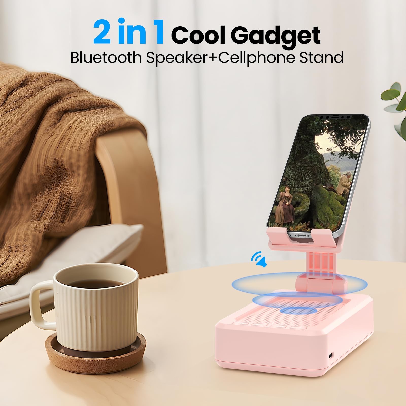 TechGlow Gift for Women Foldable Cellphone Stand with Bluetooth Speaker Pink