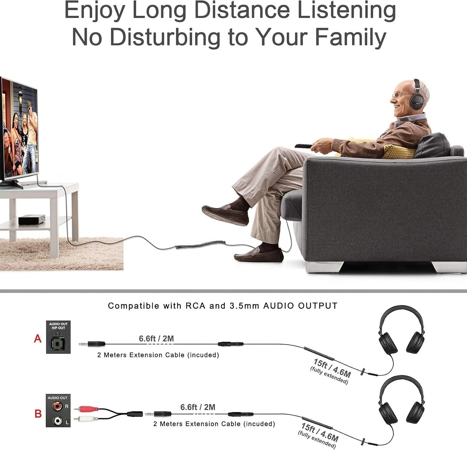Long Cord TV Headphones with Mic, 21.6ft Wired Stereo Over Ear PC Audio