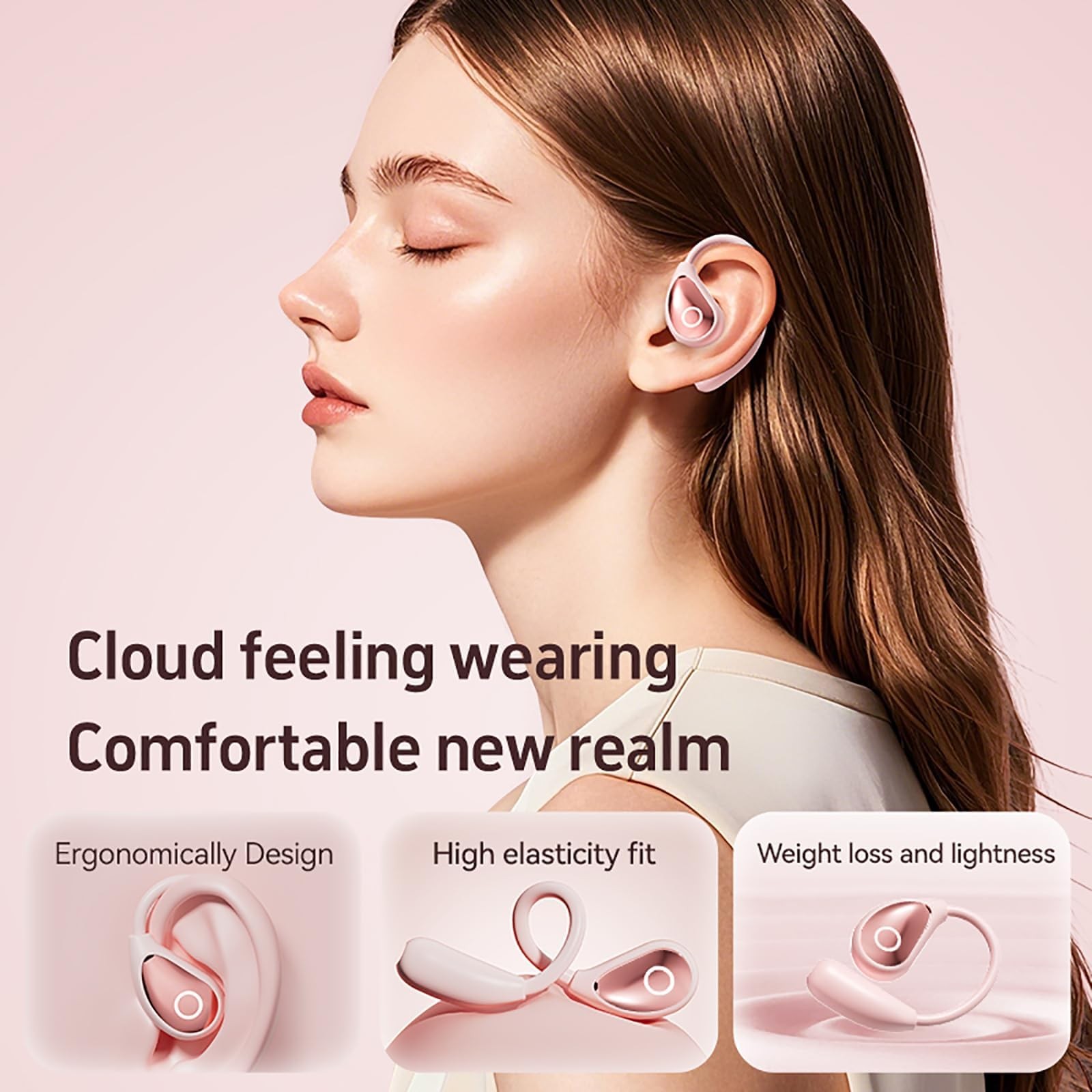 QJF Open Ear Earbuds Pink for Women, Bluetooth 5.4 Wireless Headphones