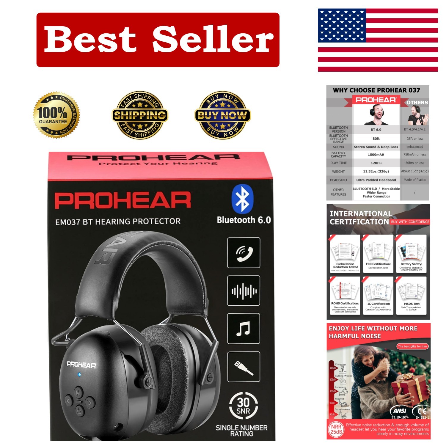 Prohear 037 Bluetooth 6.0 Hearing Protection Headphones – 1500mAh Rechargeable