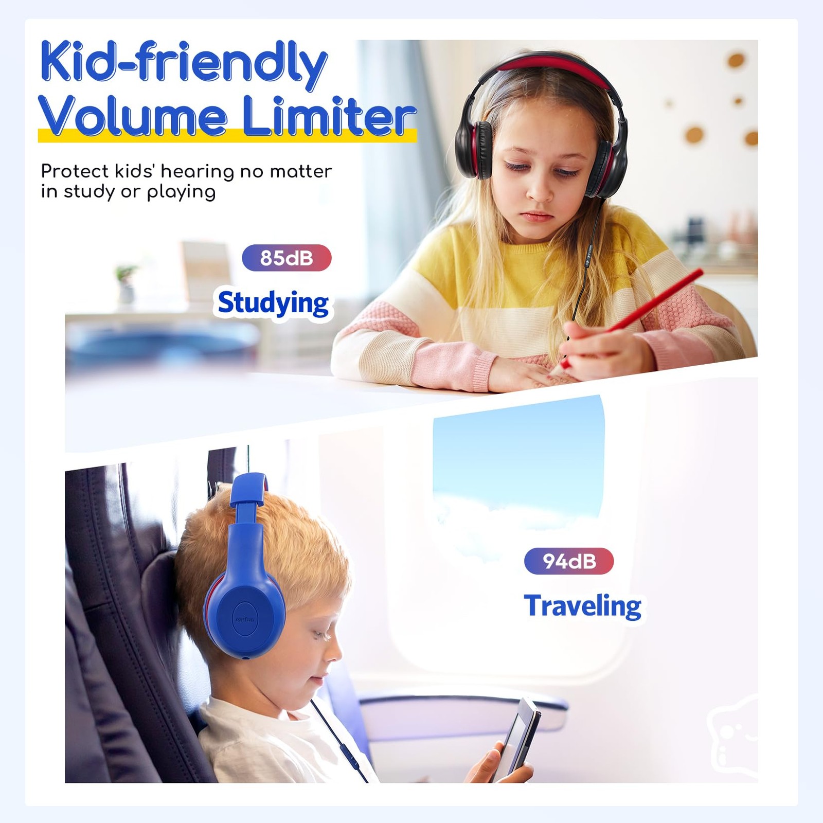 EarFun Kids Headphones Wired with Microphone 85/94dB Volume Limit Headphones for
