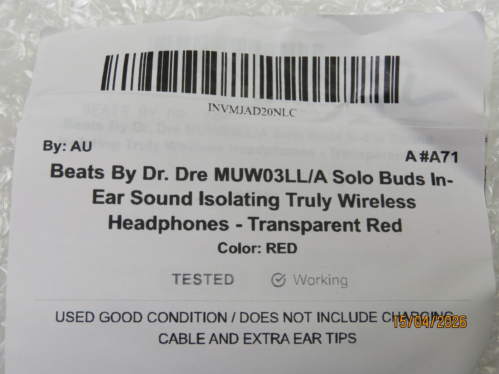 Beats By Dr. Dre Solo Buds In-Ear Wireless Headphones Transparent Red [A71]