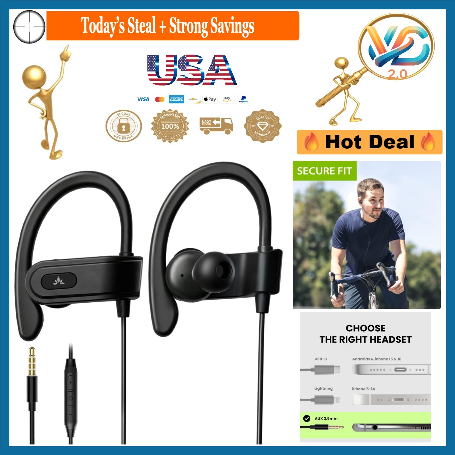 Black Wired Earbuds with Microphone In-Line Volume Control Sport Ear Hook