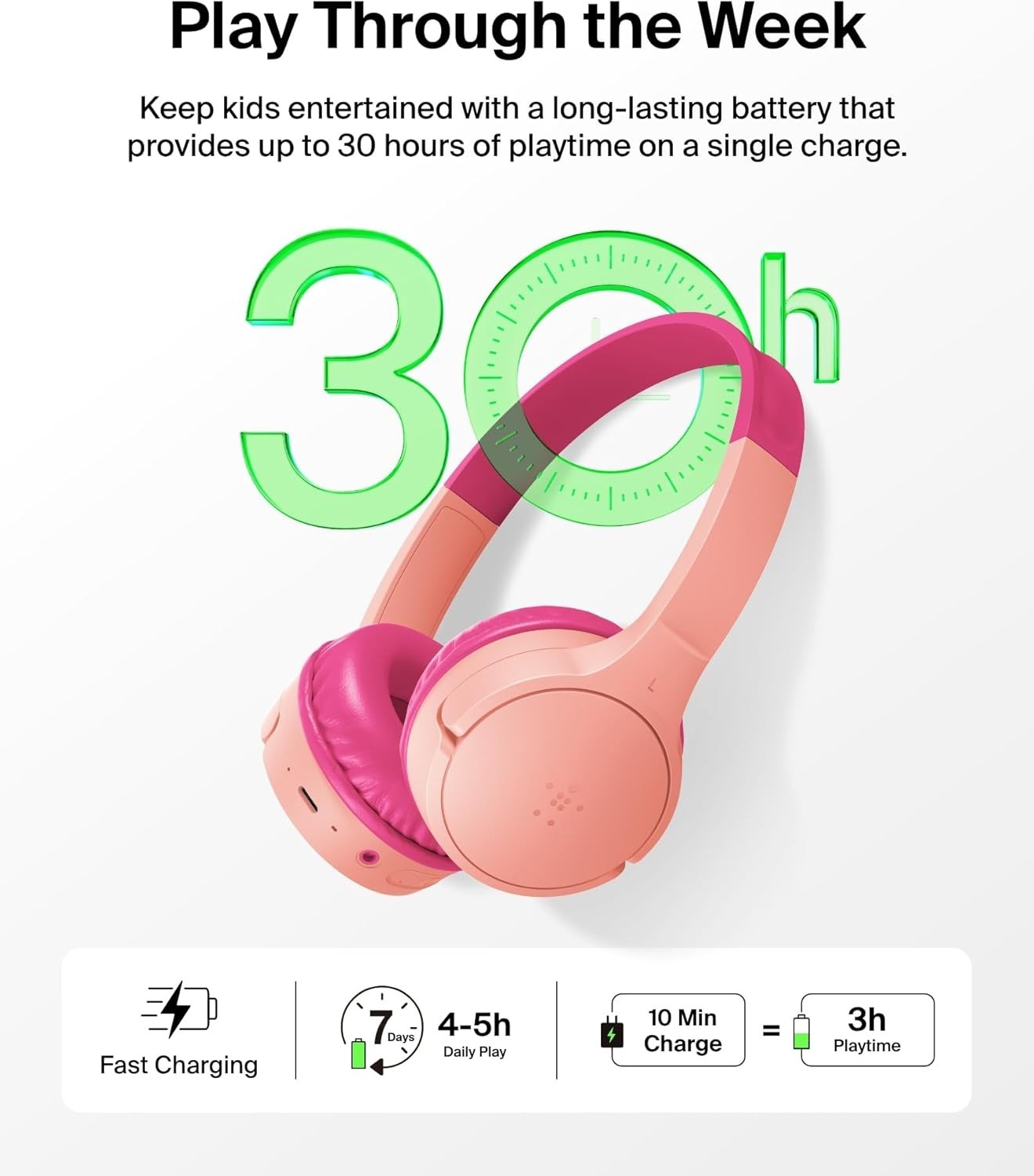 Belkin SoundForm Mini Kids On-Ear Wireless Headphones Pink Built-in Microphone