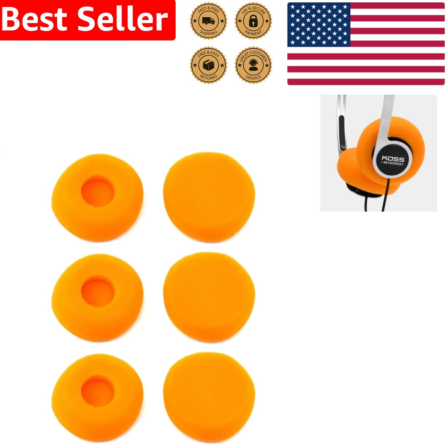Soft Earpads 1.6 Inch Orange Foam Kit for Koss Porta Pro Stereo Headphone 3 Sets