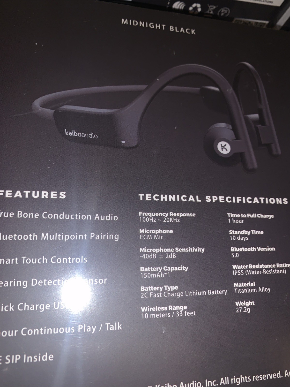 Kaibo Verse Plus Bone Conduction Headphones Multipoint Pairing Midnight Black