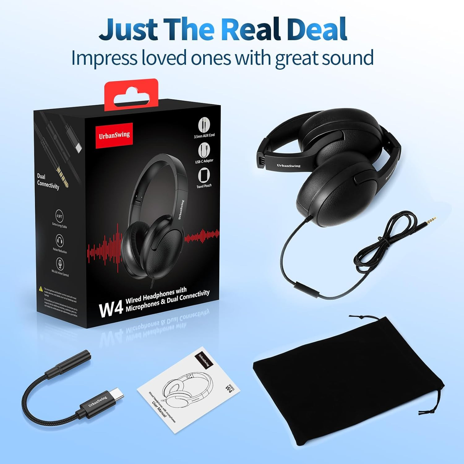 UrbanSwing W4 Corded Headphones with Mic, 3.5mm Jack & USB-C Headphone Adapter f