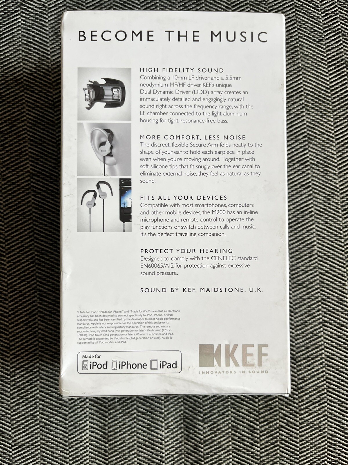 KEF M200 Aluminum Wired Earbudsw /Earpiece to hold in place Black and Silver NEW