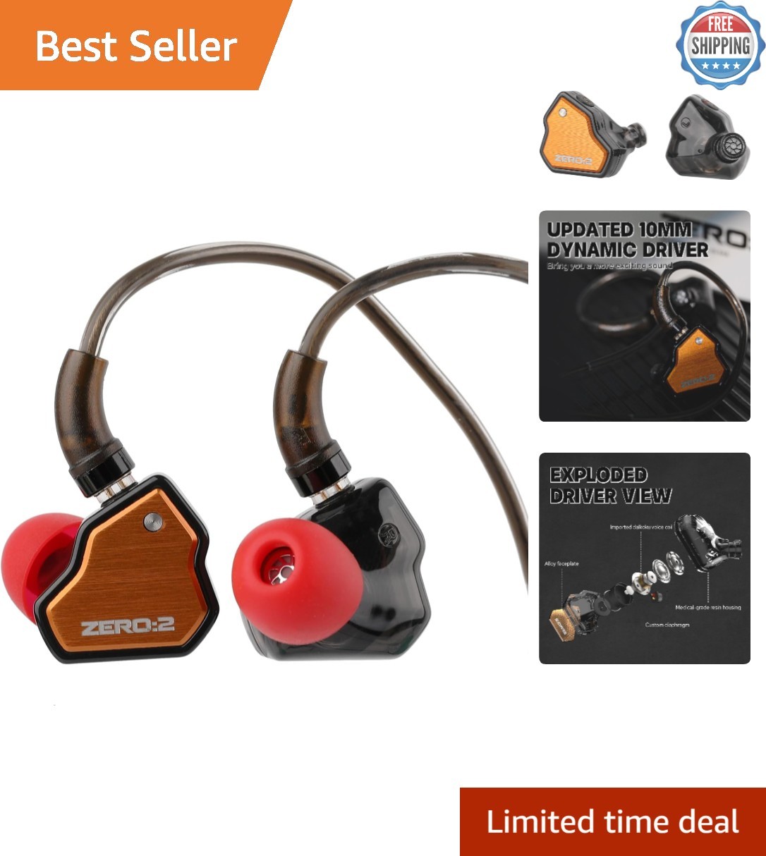 7Hz x Crinacle Zero:2 In-Ear Monitors with 10mm Dynamic Driver, Orange