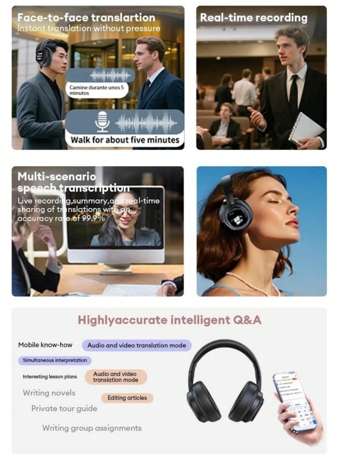 AI Translation Wireless Headphones With LCD Touch Screen 115 Languages Foldable
