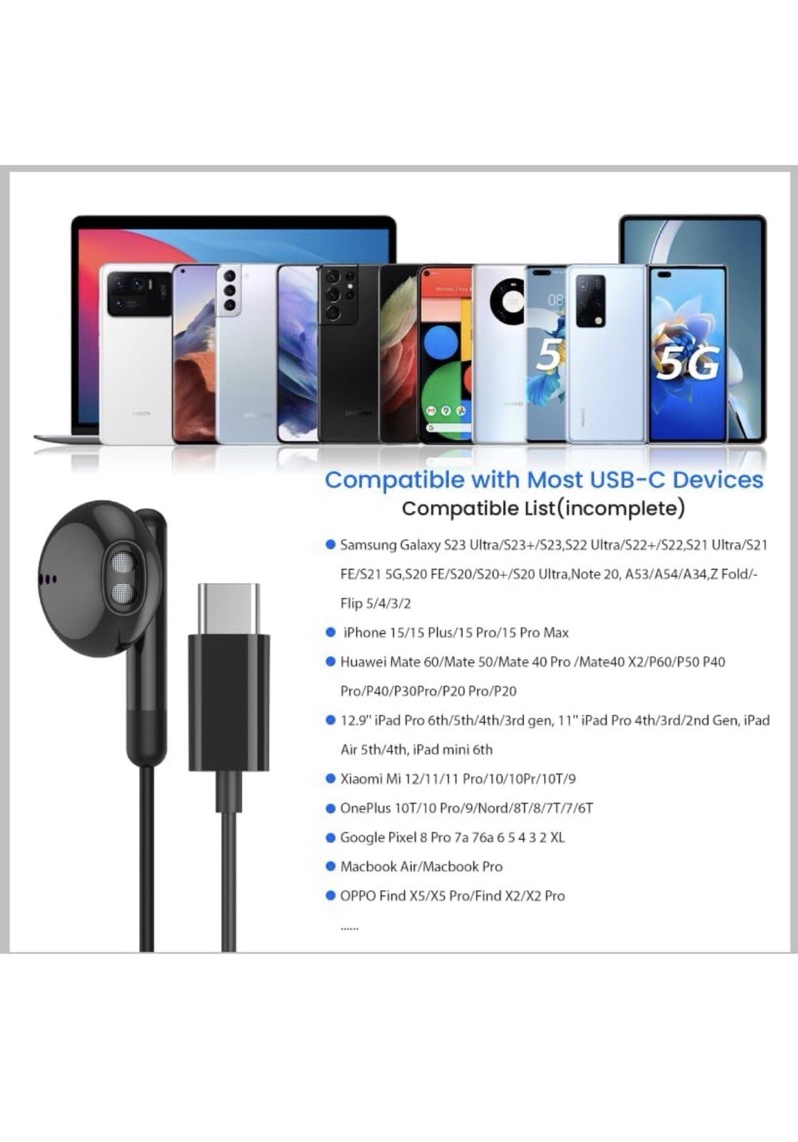 USB C Headphones for iPhone 17 16 15 Pro Max Plus iPad C Earphones, Black