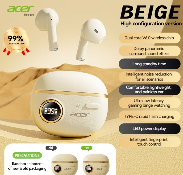 Acer TWS Wireless Rechargeable Ear Buds Headset 0HR544 Beige Sealed