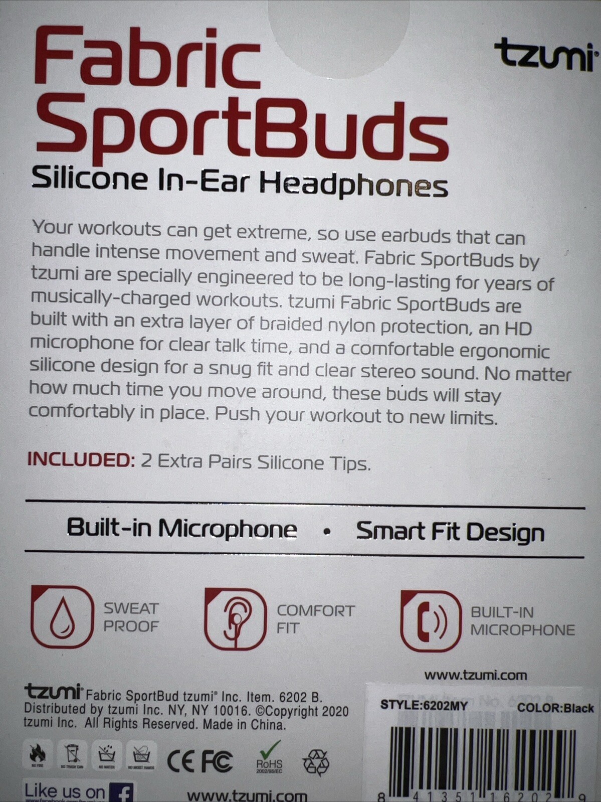NIB Tzumi Fabric SportBuds Silicone In-Ear Headphones, Built-In Microphone