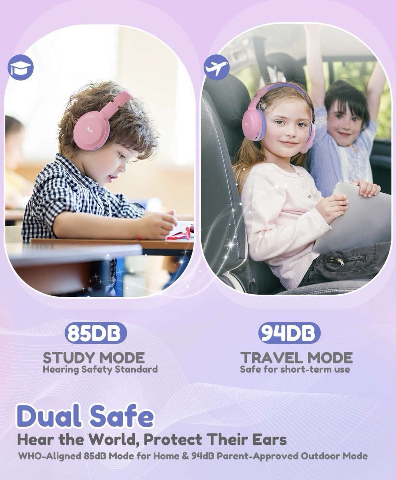 acer Kids Bluetooth Headphones, 85/94dB Volume Limiter, Foldable Pink