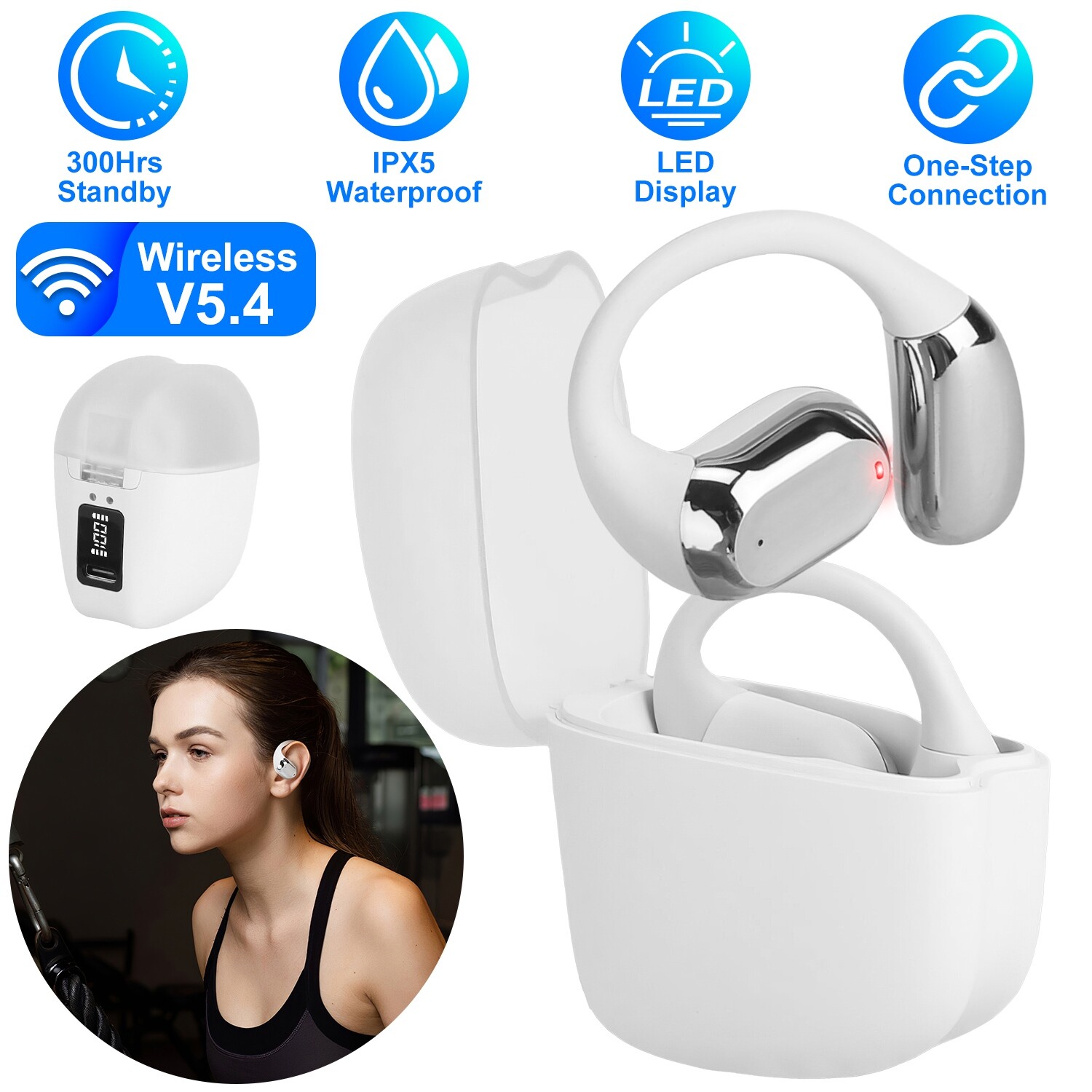 Open Ear Earbuds Wireless w/ Fashion Ear Hooks Clip on Design Display Waterproof