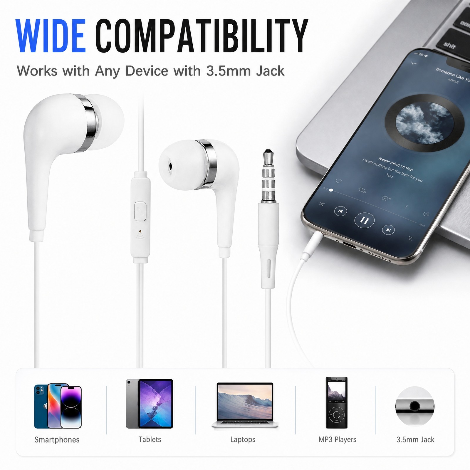 10 Pack 3.5mm Wired In-Ear Headphones with Mic Universal White Earbuds