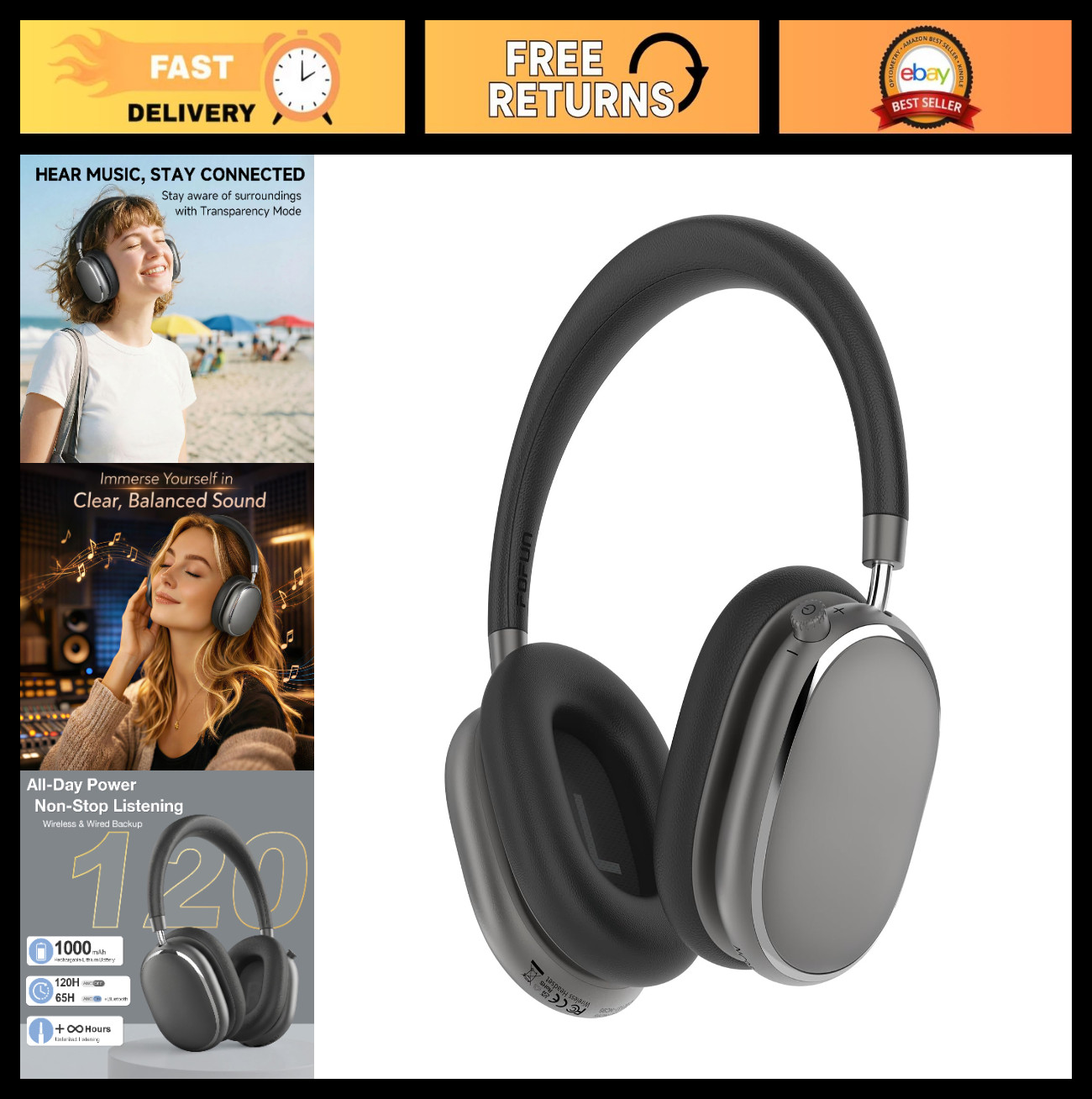Hybrid Active Noise Cancelling Headphones, 120H Playtime, Bluetooth 6.0, App Con