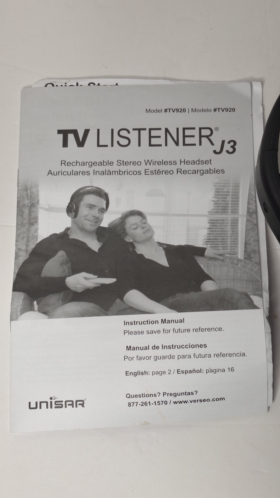 Unisar TV Listener J3 TV920 Headband Wireless Headphones NO Power Cord