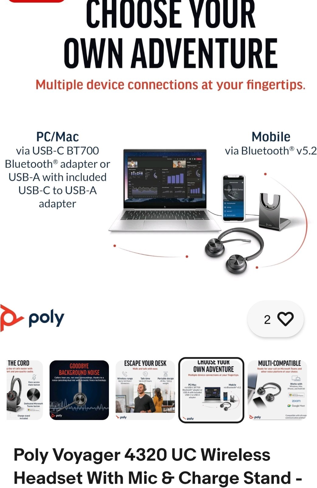 Poly Voyager 4320 UC Wireless Bluetooth Headset‎ Plantronics 218478-02 Headphone