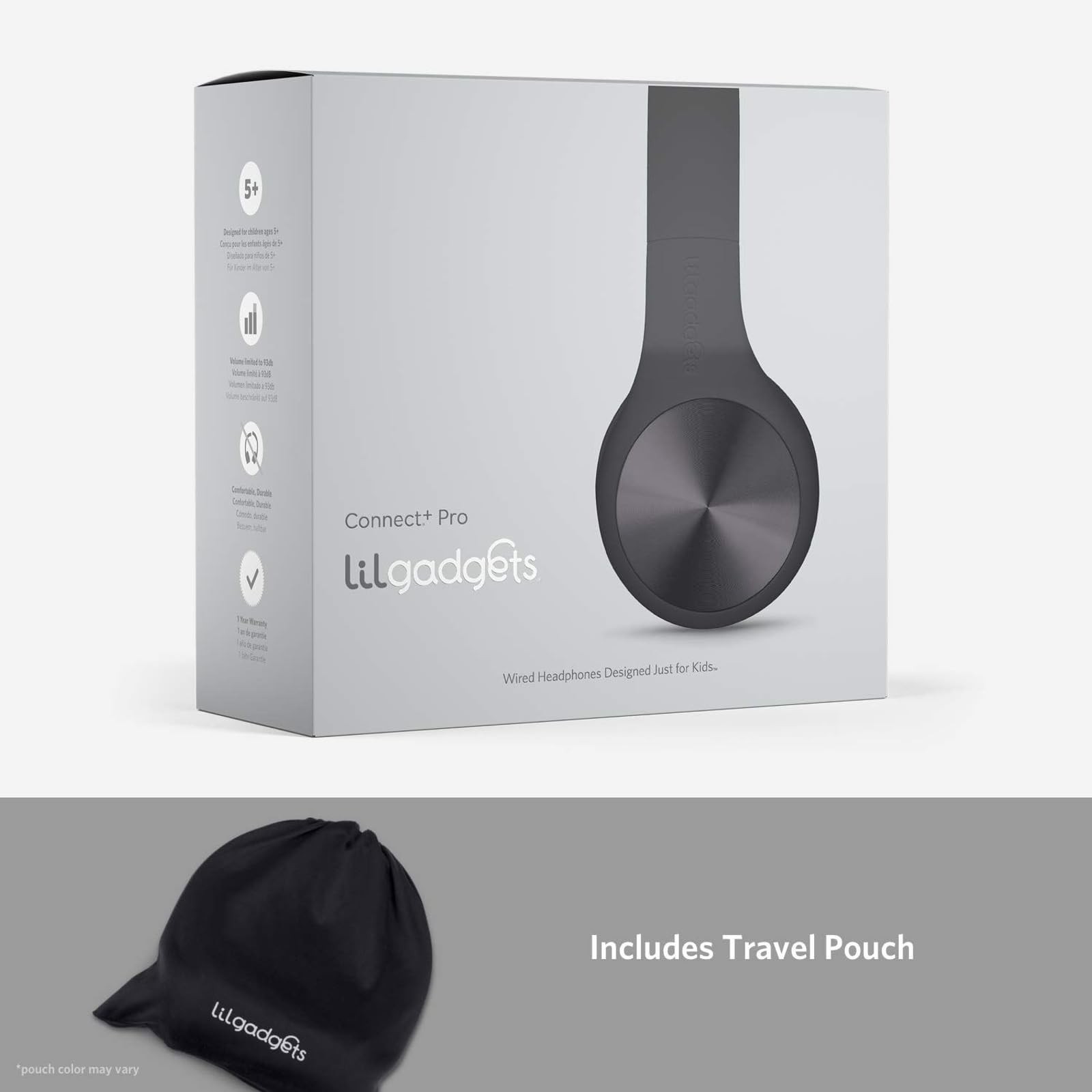 LilGadgets Connect+ Pro Wired Kids Headphones for School with Plain, Black
