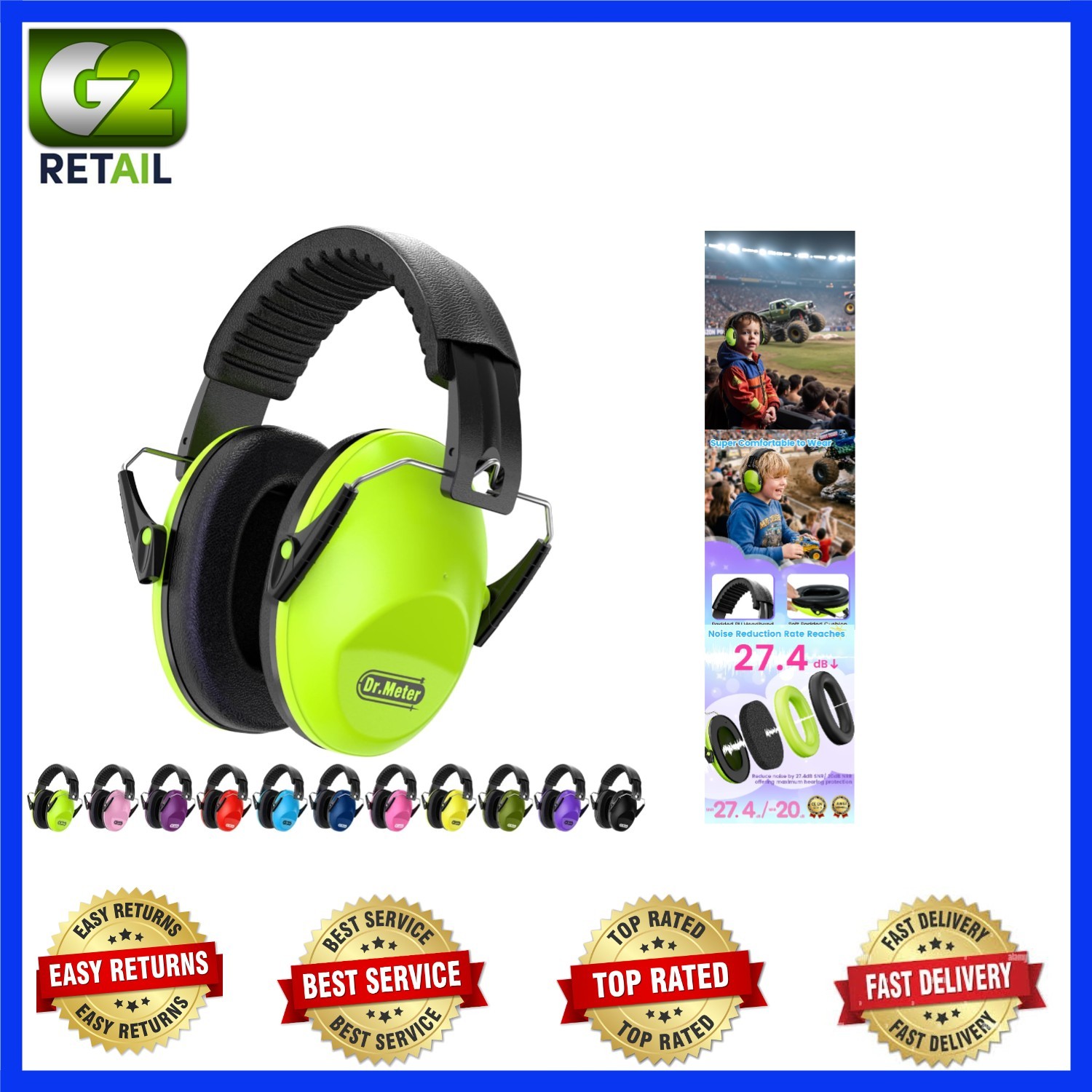 27.4dB Noise Cancelling Earmuffs for Kids & Adults – EM100 Adjustable Protection