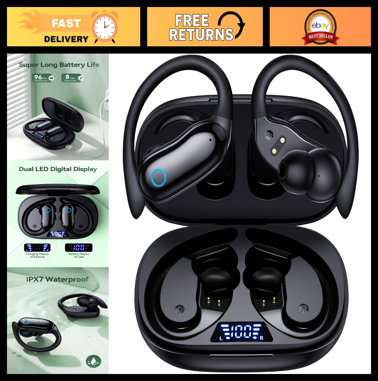 Wireless Active Noise Cancelling Earbuds – 96hrs Playback, IPX7 Waterproof, Ster