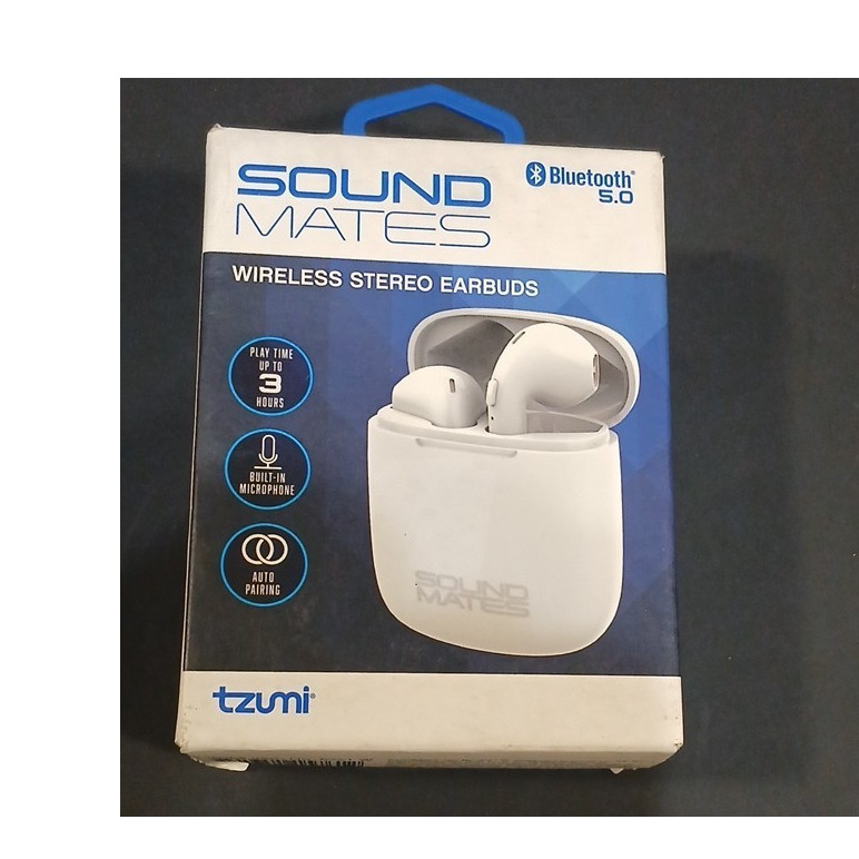 tzumi Sound Mates Bluetooth Wireless Earbuds Built-In Mic Auto Pairing White