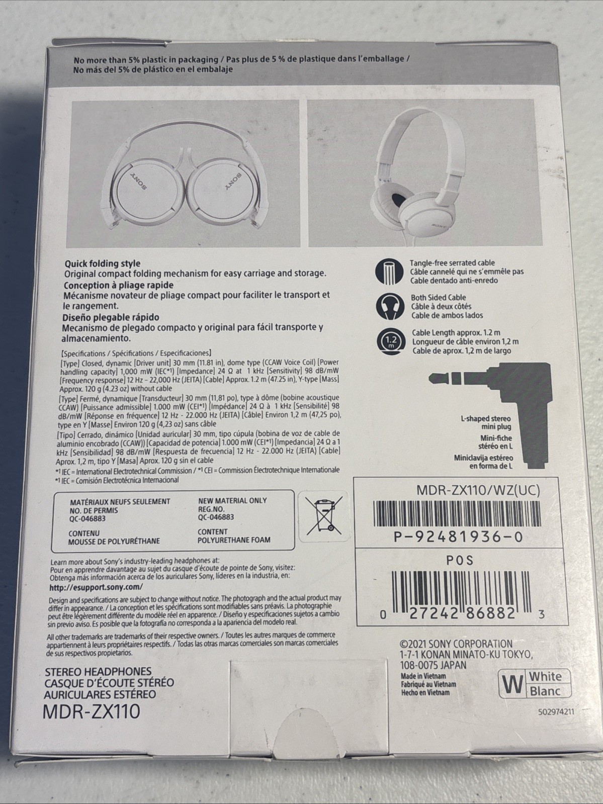 Sony MDR-ZX110 Ear-Pad (On the Ear) Headband Headphones – White