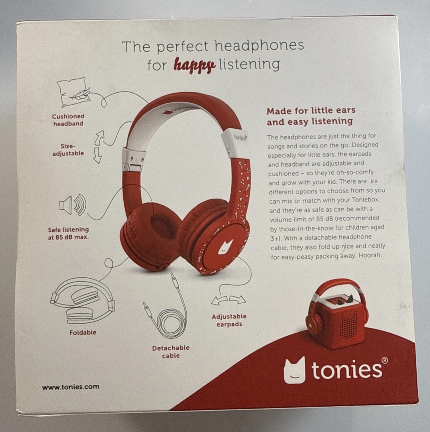 Tonies Kids Headphones Wired Foldable Durable Safe Audio 85dB Red NEW