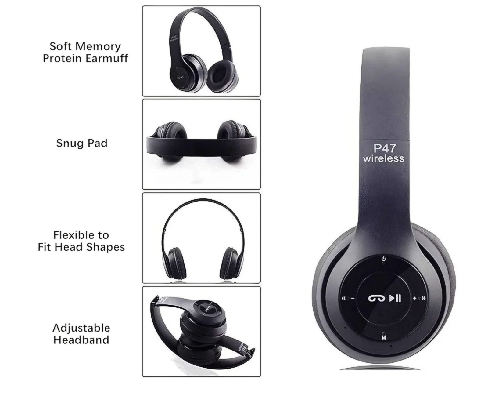 P47 5.0 + EDR Wireless Headphones Black