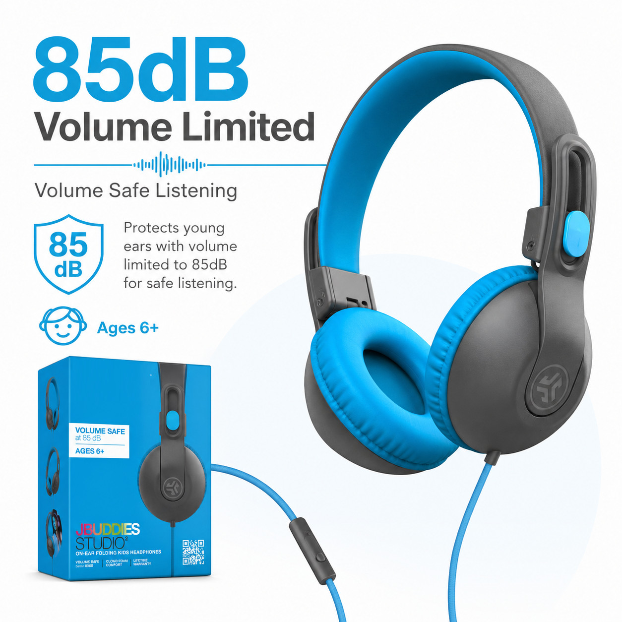 Kids Wired On-Ear Headphones 85dB Volume Limited Mic 3.5mm Black Blue
