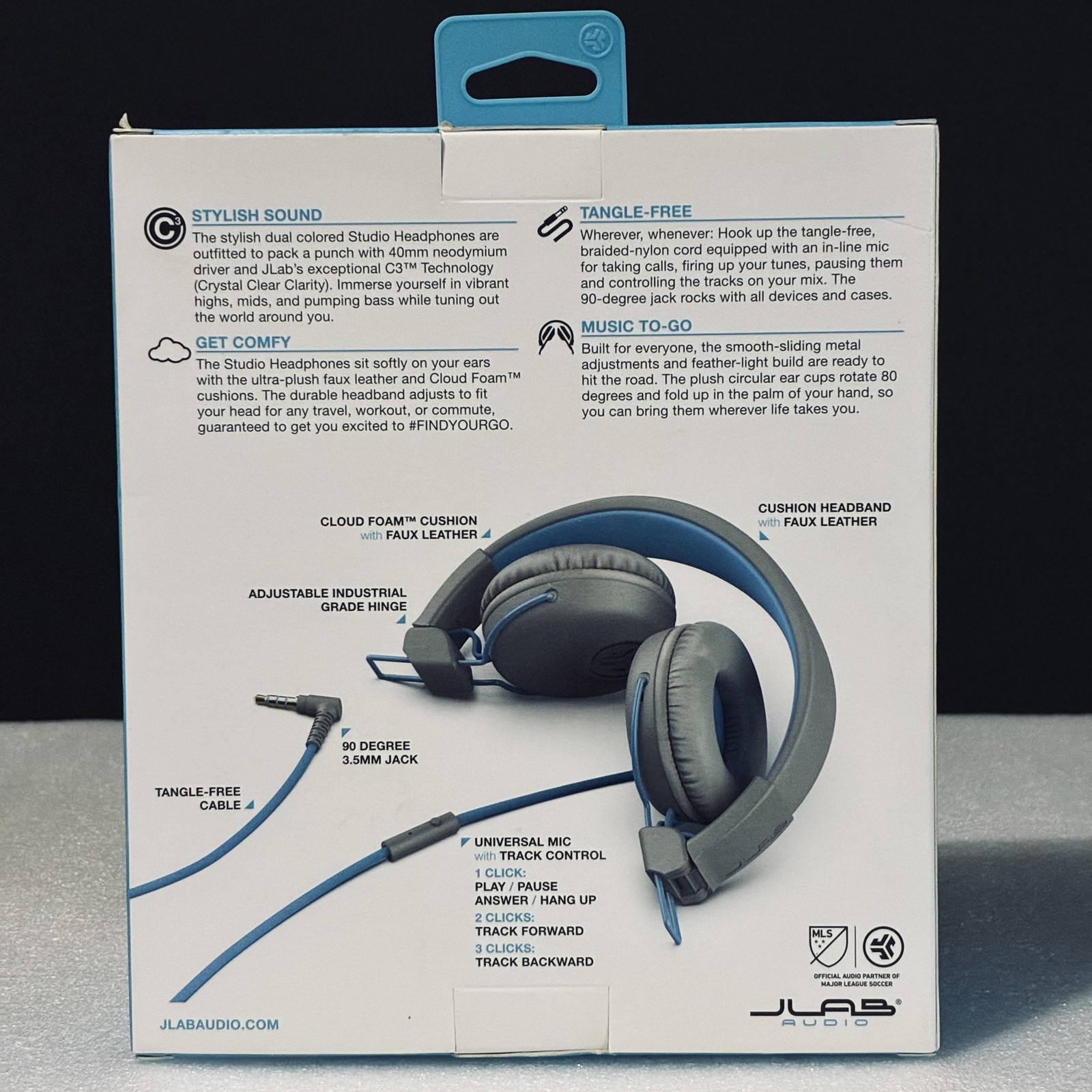 JLab Audio Studio On Ear Headphones Gray/Blue 3.5mm Mic Tangle-Free Wired Stereo