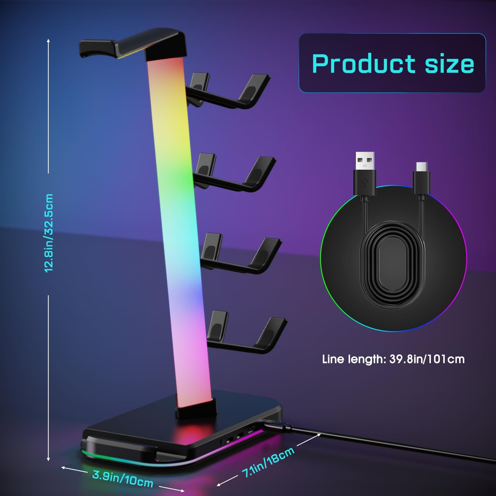 Gaming Headphones Stand with Charging Station, RGB Headset Stand with 10 Light M