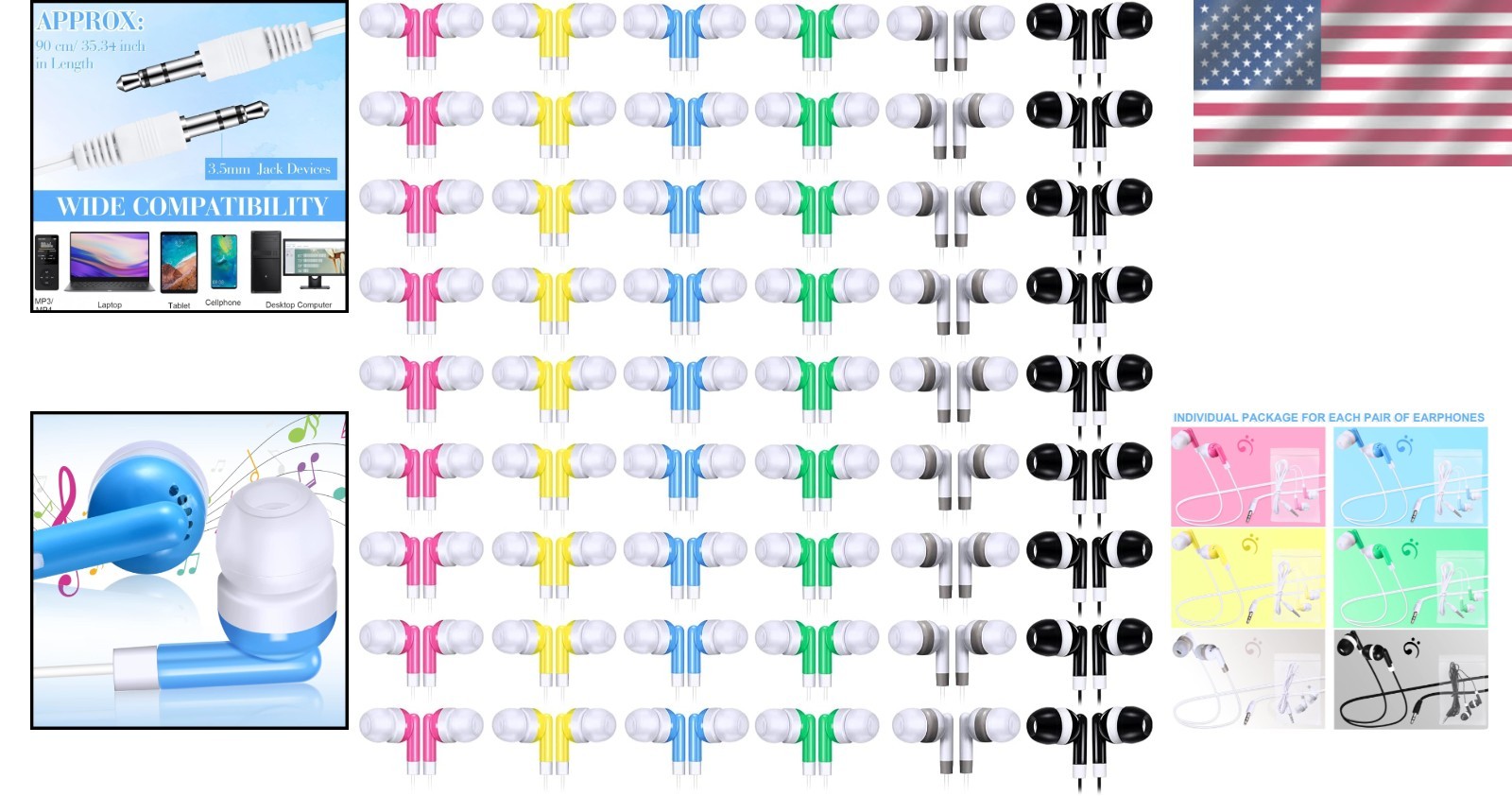 60 Pack Earbuds for Group Use – Assorted Colors, Retro Style