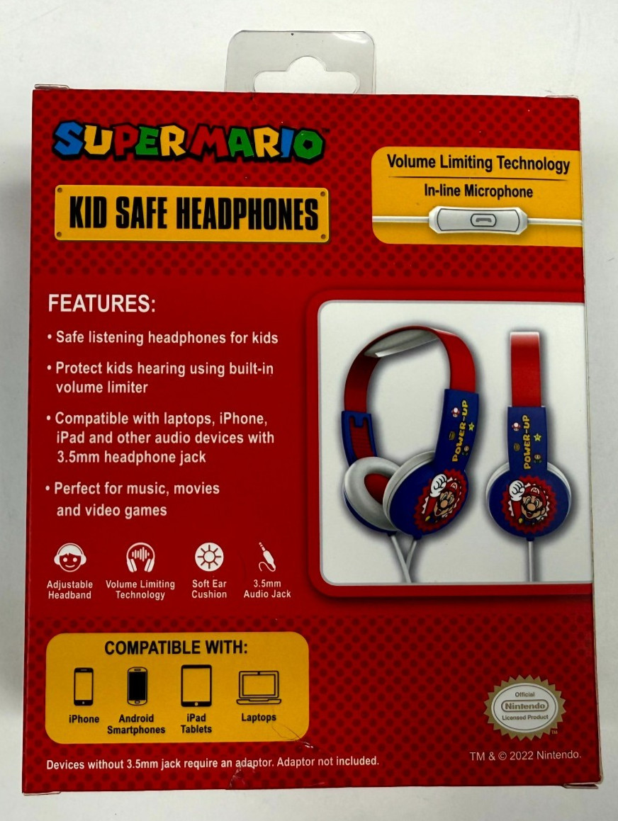 Super Mario Kid Safe Headphones w/ In-line Microphone 3.5 mm Audio Jack