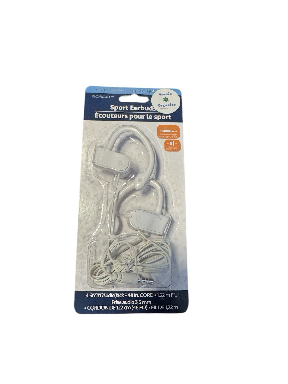 E-Circuit Sport Earbuds White Ear-hook 3.5mm Jack Built-in Mic 48in Cord