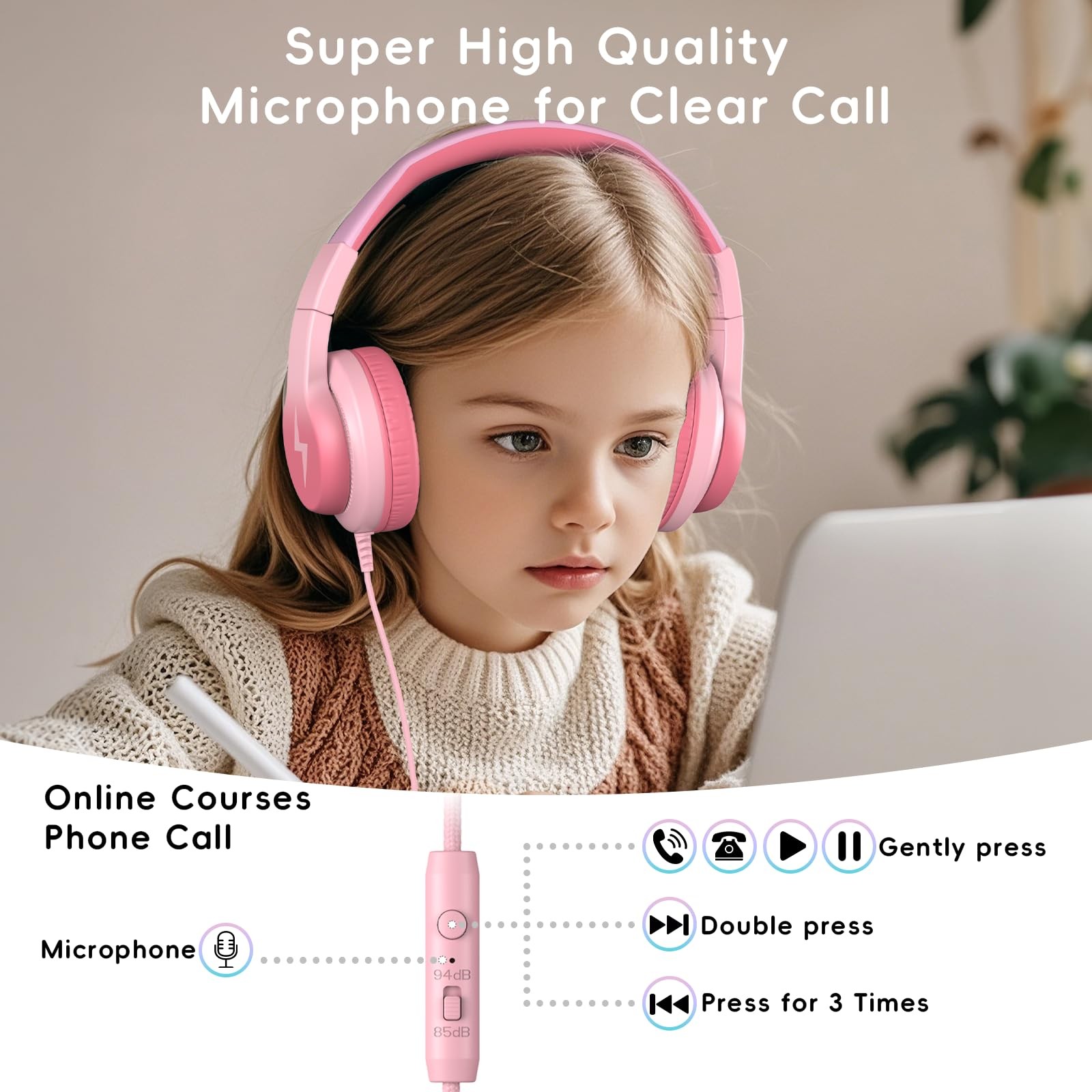 Kids Wired Headphones Microphone 85/94dB Volume Limiter Light Pink Audio