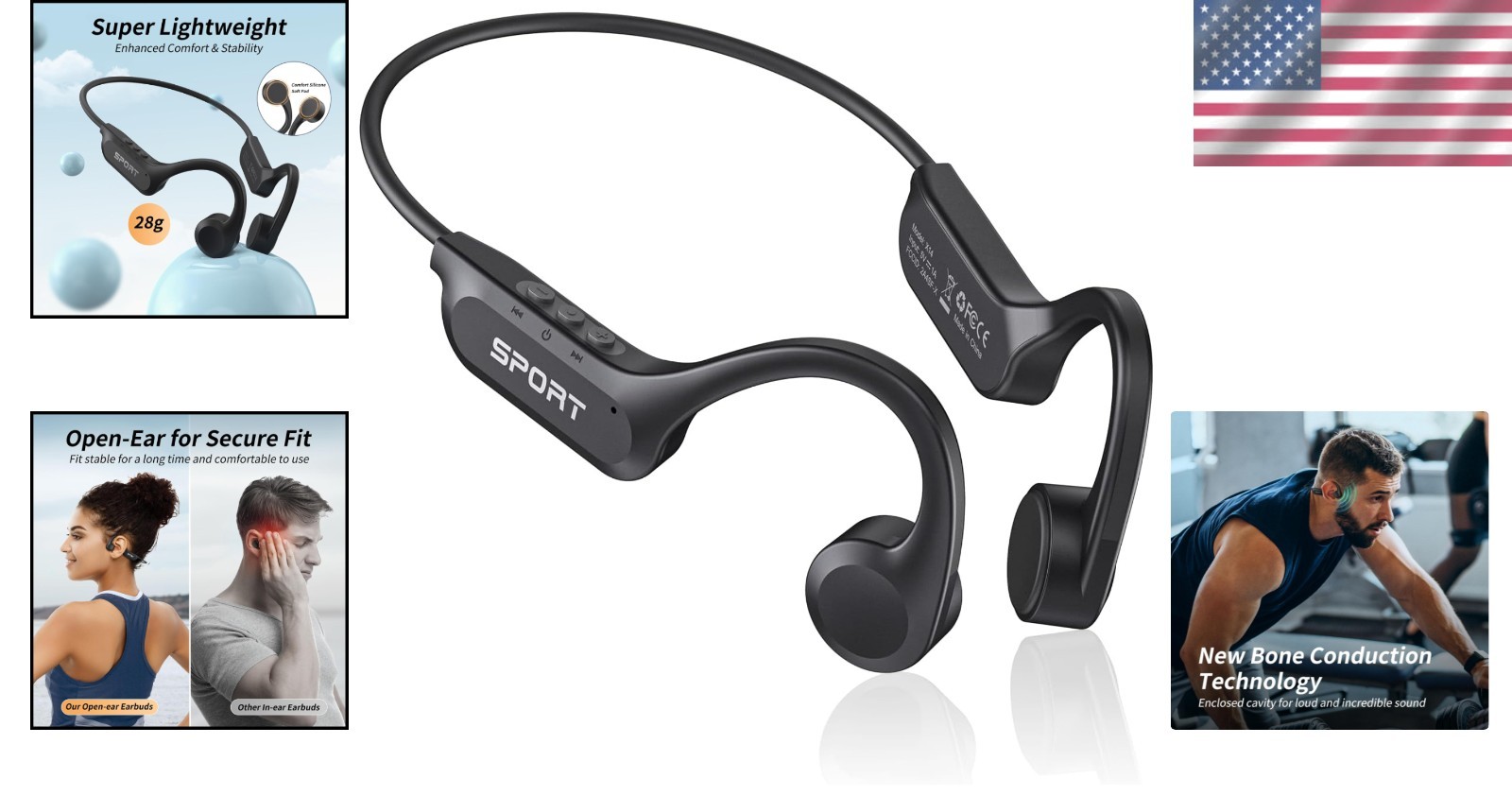 Bluetooth 6.0 Bone Conduction Headphones, 10 Hours Playtime, Perfect for Running
