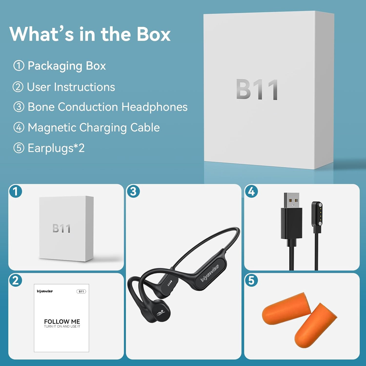 B11 Bone Conduction Headphones, IP68 Waterproof Earbuds for Swimming, 32GB & Blu