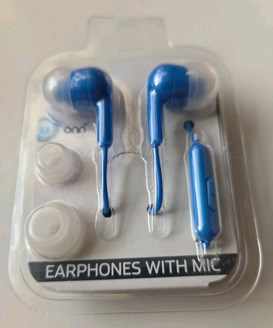 Onn Wired Earbuds w/ Mic • Blue Earphones • 3 Soft Silicone Tips • Brand New