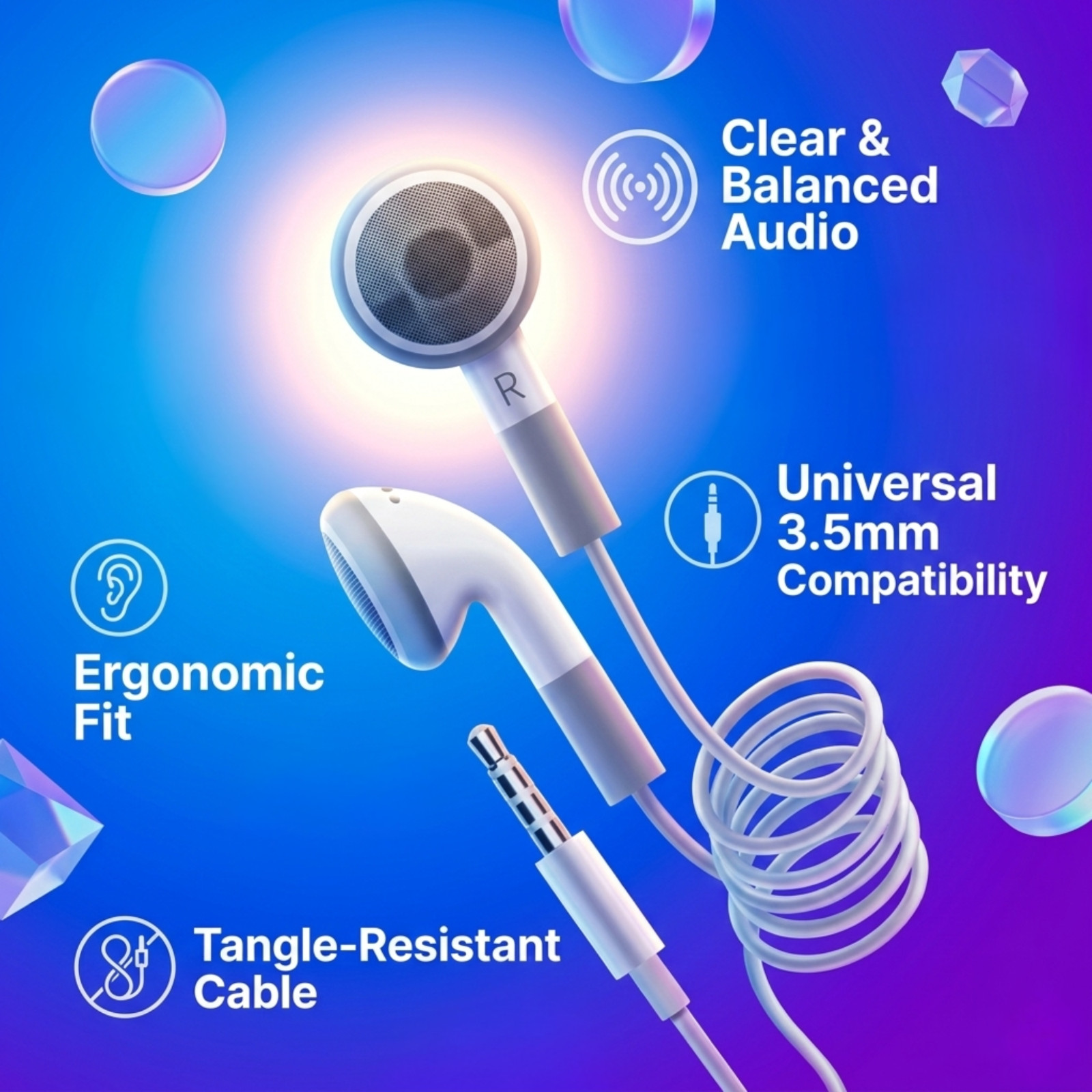 Wavesound White Wired Earbuds with 3.5mm Jack, No Mic and No Remote – 12 Pack