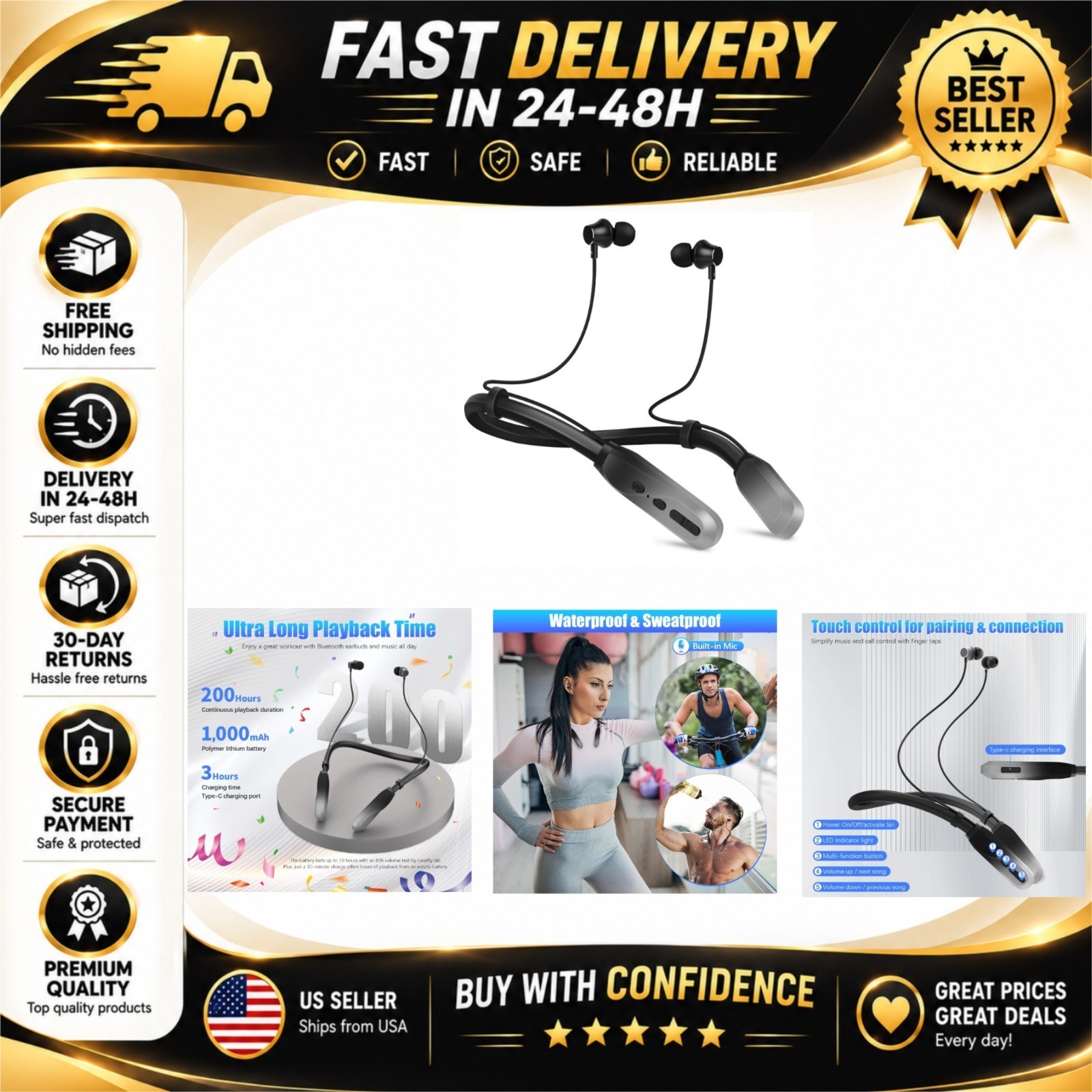 Lecefty i35plus Bluetooth Neckband Headphones, Waterproof, 200H Playtime