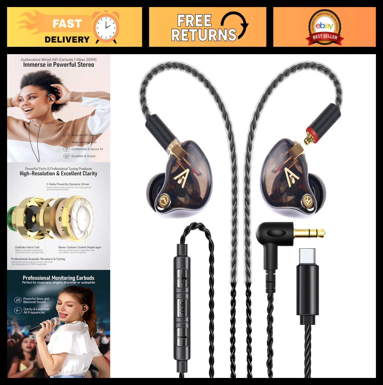 Wired Earbuds with Mic, USB C to 3.5mm Adapter, Noise Isolating Bass, Carry Case