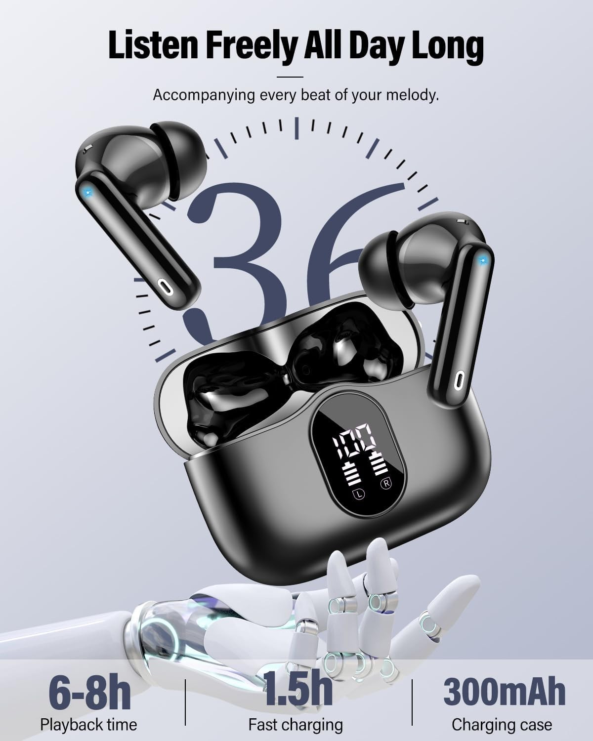Wireless Earbuds, Bluetooth 5.4 Headphones Bass Stereo, Ear Buds with Noise Canc