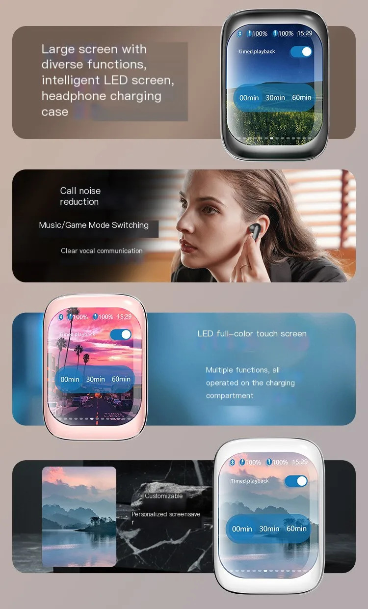 Slide-out True Wireless Bluetooth Touch Screen Headphones For Android IOS