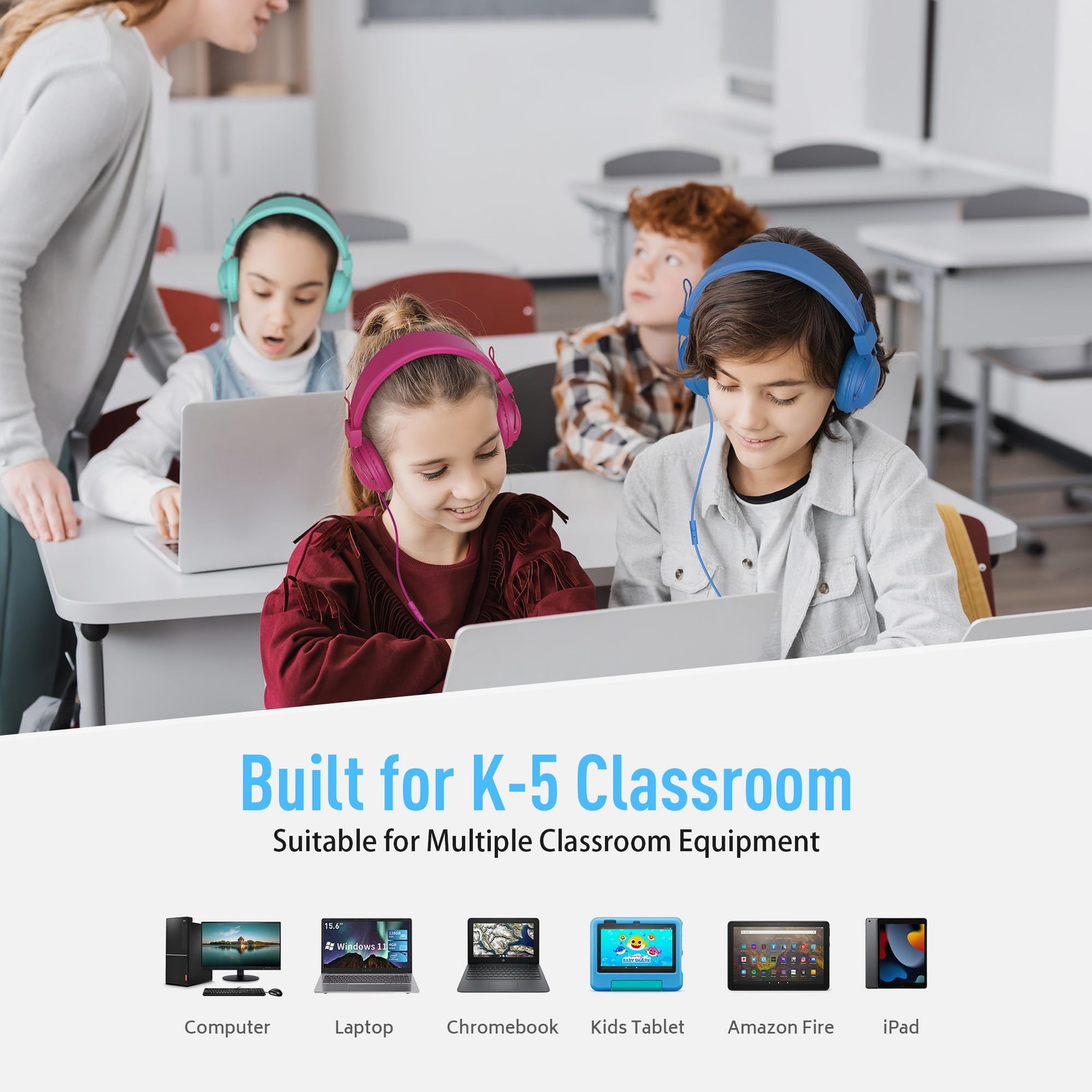 Classroom Headphones 10-Pack for School Student K-5, On-Ear Premium Bulk Wire…