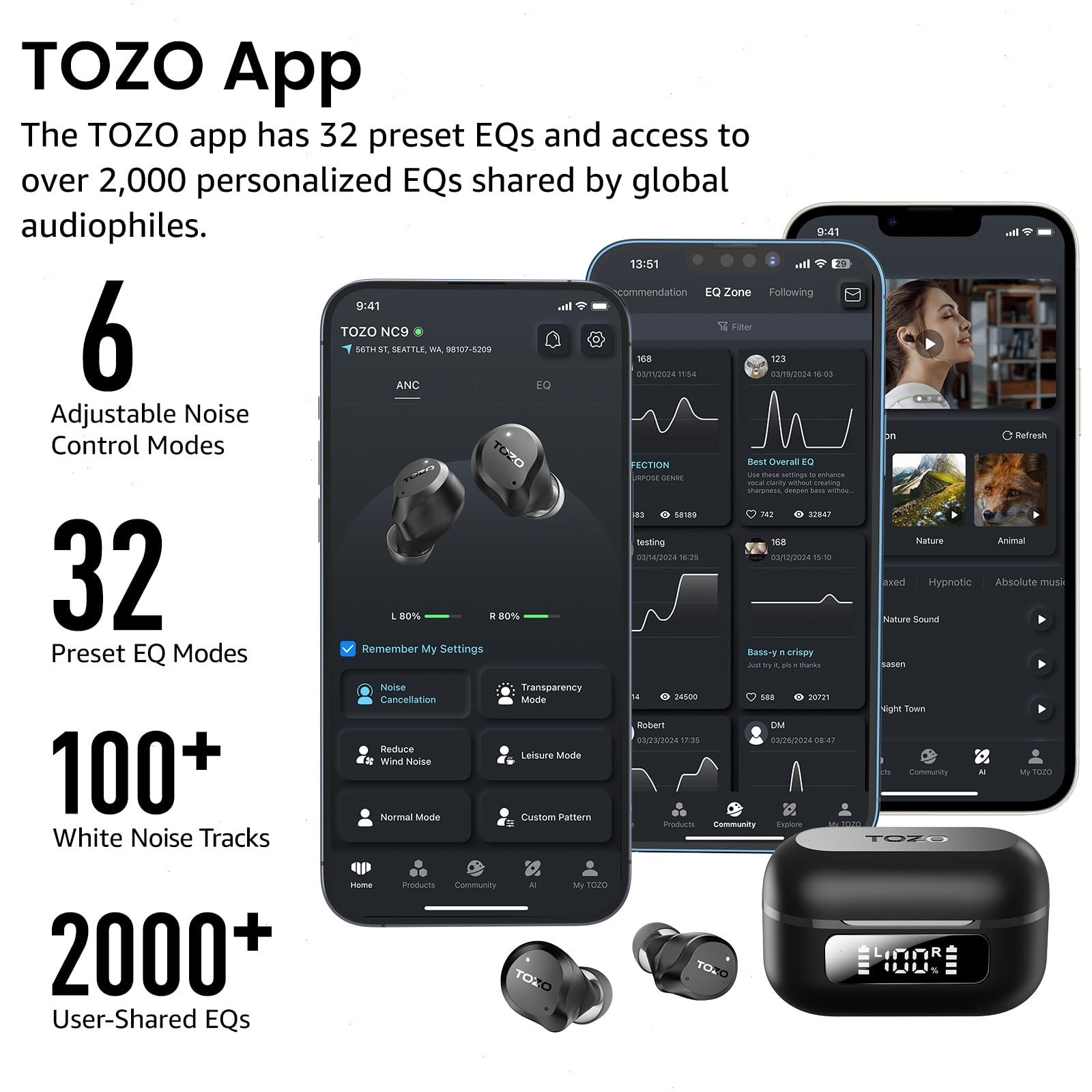 TOZO NC9 Wireless Earbuds with Hybrid ANC-Modes, IPX8 Waterproof, Refurbished