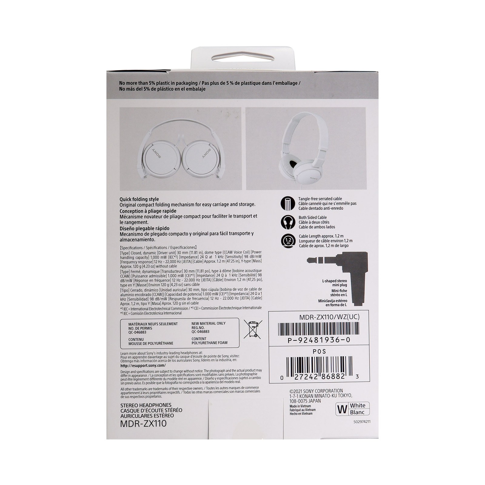 Sony MDR-ZX110 On-Ear Wired Headphones (White)