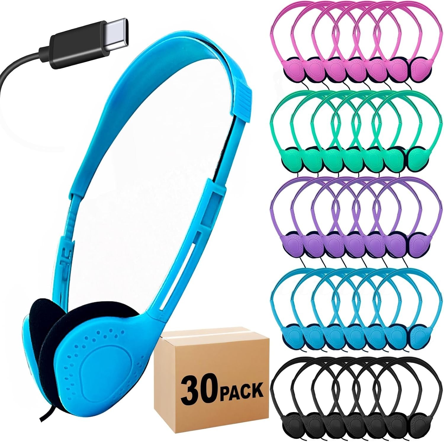 USB-C Headphones Bulk 30 Pack Multi Color Kids School Headphones Pad Phone